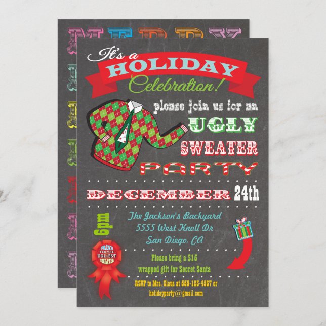 Chalkboard Ugly Sweater Weihnachts-Party Einladung (Vorne/Hinten)