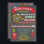 Chalkboard Ugly Sweater Weihnachts-Party Einladung<br><div class="desc">Super coole Ugly Sweater Holiday Weihnachtsfeiertage mit einer Illustration eines hässlichen Pullovers,  lustige Typografie und Banner auf einem Kalkboard Hintergrund. Handgezeichnete Abbildung von McBooboo.</div>