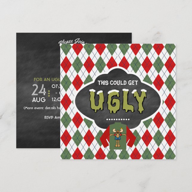 Chalkboard Ugly Sweater Weihnachts-Party Einladung (Vorne/Hinten)