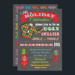 Chalkboard Ugly Sweater Weihnachts-Party Einladung<br><div class="desc">Super coole Ugly Sweater Holiday Weihnachtsfeiertage mit einer Illustration eines hässlichen Pullovers,  lustige Typografie und Banner auf einem Kalkboard Hintergrund. Handgezeichnete Abbildung von McBooboo.</div>