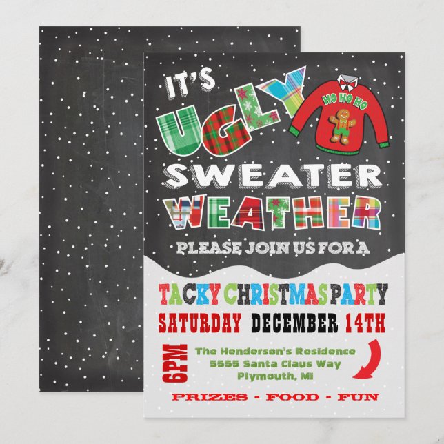 Chalkboard UGLY Weihnachts Sweater Einladungen (Vorne/Hinten)