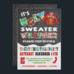 Chalkboard UGLY Weihnachts Sweater Einladungen<br><div class="desc">Dieses coole und farbenfrohe Tacky oder Ugly Christmas Sweater Party ist mit einem Pullover mit einem Lebkuchenmann,  fallendem Schnee und Stofftypografie auf einem Chalkboard-Hintergrund ausgestattet. Ideal für Kinder oder Erwachsene Urlaub Party! Handgezeichnete Abbildung von McBooboo.</div>
