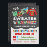 Chalkboard UGLY Weihnachts Sweater Einladungen<br><div class="desc">Dieses coole und farbenfrohe Tacky oder Ugly Christmas Sweater Party ist mit einem Pullover mit einem Lebkuchenmann,  fallendem Schnee und Stofftypografie auf einem Chalkboard-Hintergrund ausgestattet. Ideal für Kinder oder Erwachsene Urlaub Party! Handgezeichnete Abbildung von McBooboo.</div>