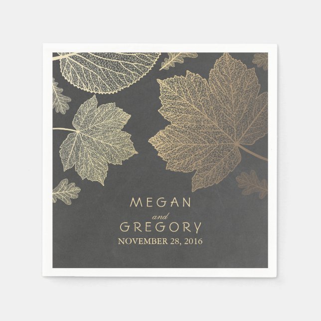 Chalkboard und Gold Blätter Hochzeit im Herbst Serviette (Vorderseite)