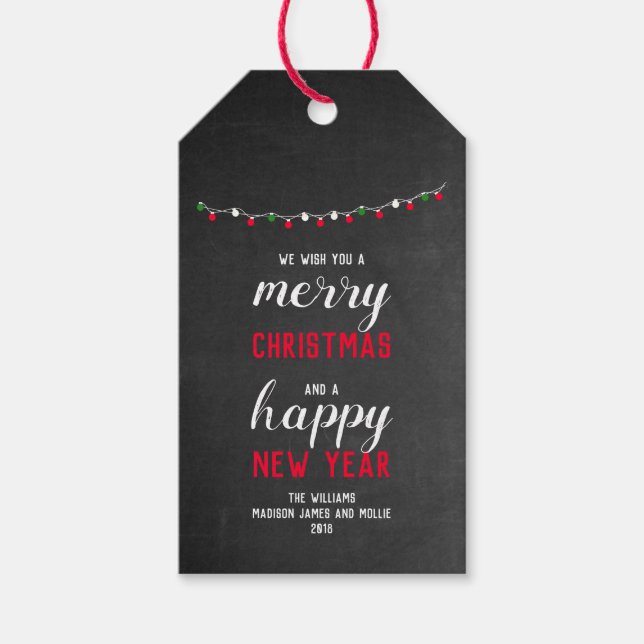 Chalkboard und Lichter Frohe Weihnachten Geschenkanhänger (Vorderseite)