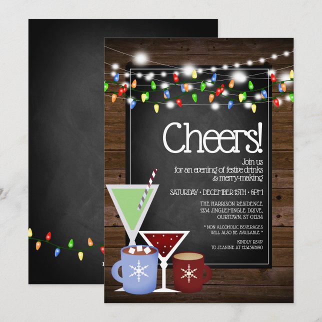 Chalkboard und Weihnachtscocktail-Party aus Holz Einladung (Vorne/Hinten)