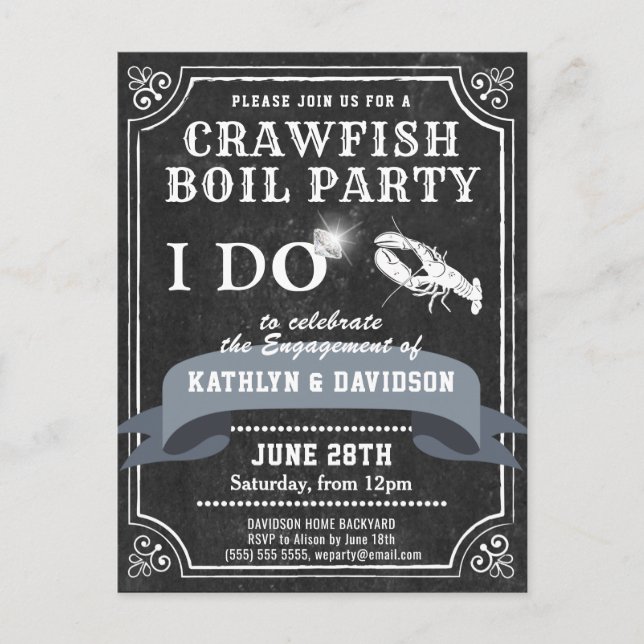 Chalkboard Verlobung Foto Crawfish Boil Einladung Postkarte (Vorderseite)