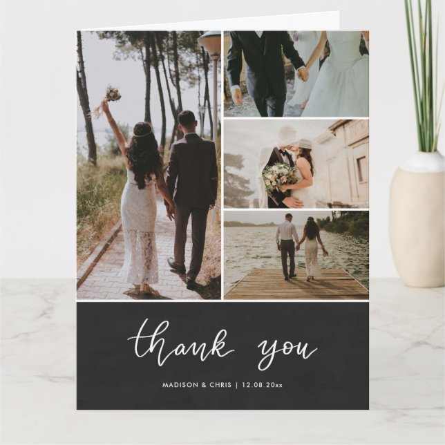 Chalkboard Vielen Dank Script Wedding Foto Collage Dankeskarte (Vorderseite)