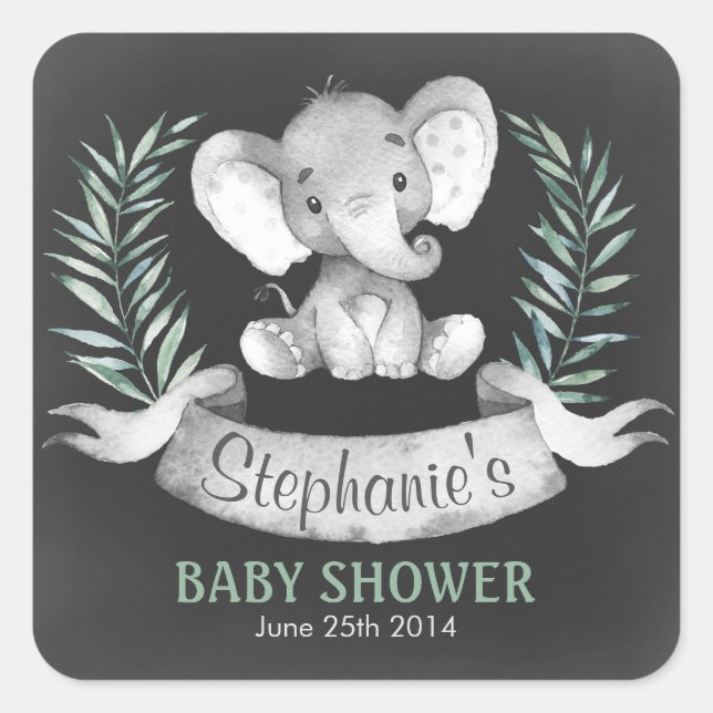 Chalkboard Wasserfarbe Elephant Babydusche Quadratischer Aufkleber (Vorderseite)