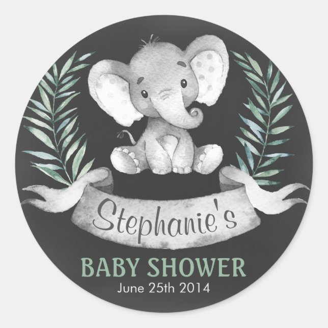 Chalkboard Wasserfarbe Elephant Babydusche Runder Aufkleber (Vorderseite)