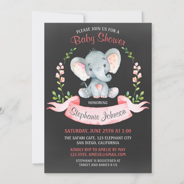 Chalkboard Wasserfarbe Elephant Girl Baby Dusche Einladung (Vorderseite)