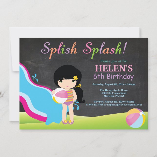 Chalkboard Water Slide Pool Geburtstagsparty Einladung (Vorderseite)