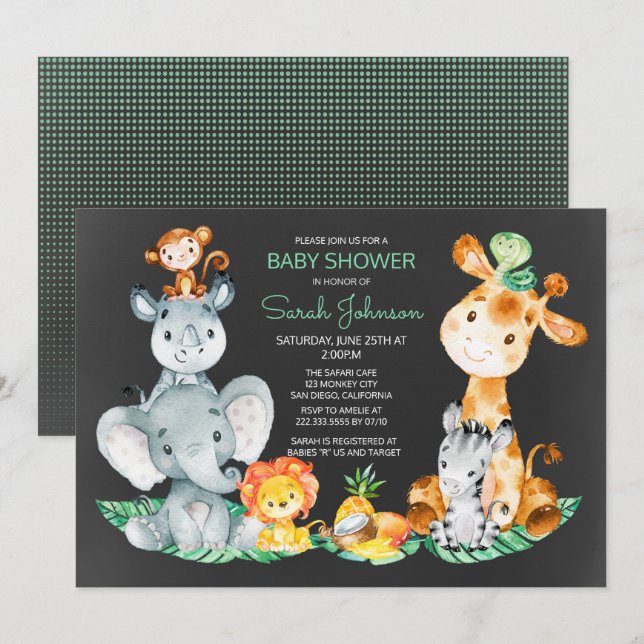 Chalkboard Watercol Niedlich Safari Jungle Baby Du Einladung (Vorne/Hinten)