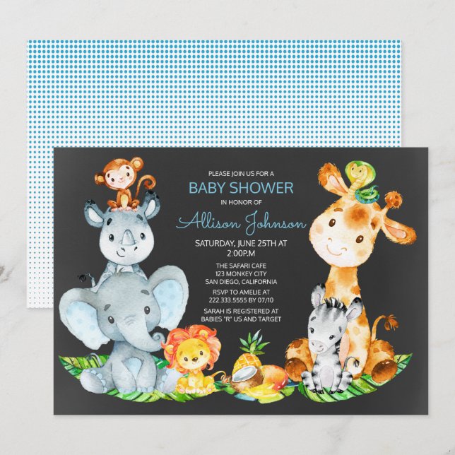 Chalkboard Watercol Niedlich Safari Jungle Baby Du Einladung (Vorne/Hinten)
