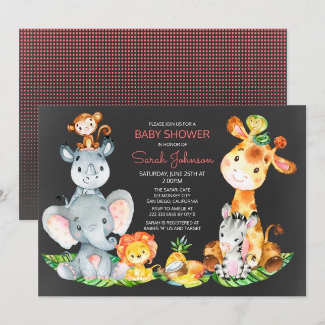 Chalkboard Watercol Niedlich Safari Jungle Baby Du Einladung (Vorne/Hinten)