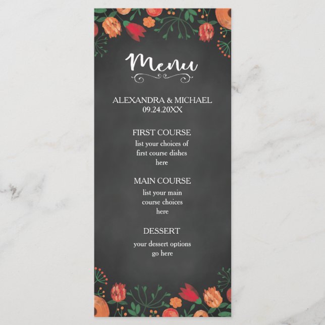 Chalkboard Watercolor Blumen Orange Hochzeitsmenü Menükarte (Vorderseite)