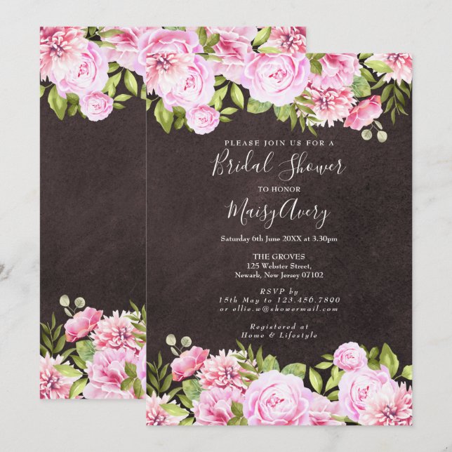 Chalkboard Watercolor Floral Brautparty Einladung (Vorne/Hinten)