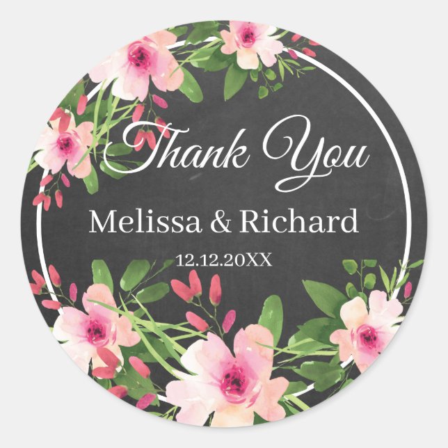 Chalkboard Watercolor Floral Wedding Vielen Dank Runder Aufkleber (Vorderseite)