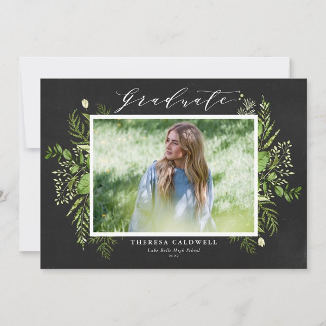 Chalkboard Watercolor Foliage Photo Graduation Ankündigung (Vorderseite)