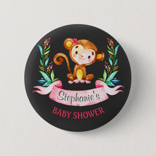 Chalkboard Watercolor Monkey Girl Baby Dusche Button (Vorderseite)