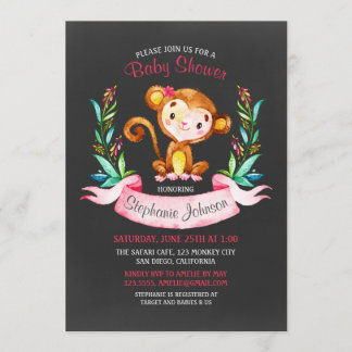 Chalkboard Watercolor Monkey Girl Baby Dusche Einladung