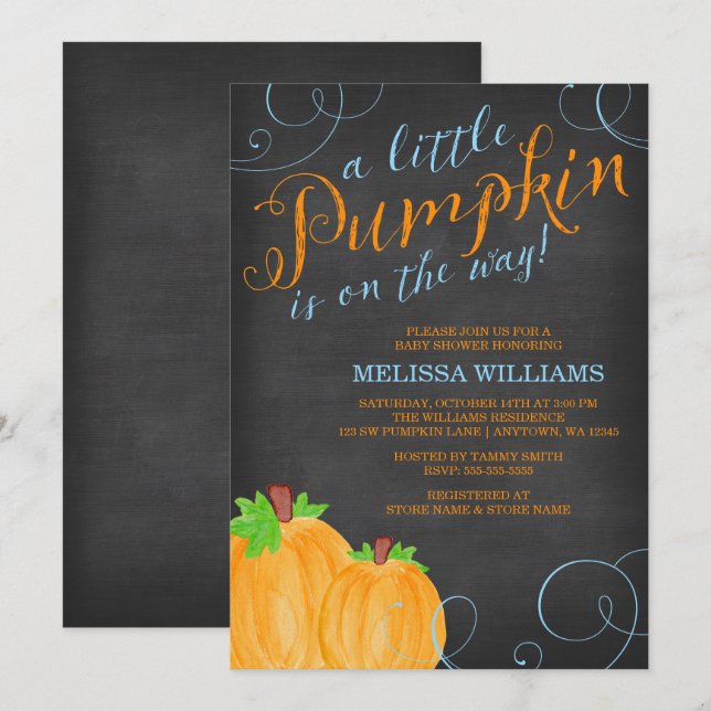 Chalkboard Watercolor Pumpkin Boy Babydusche Einladung (Vorne/Hinten)