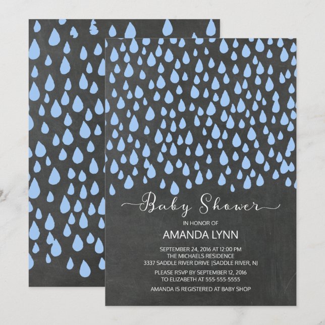 Chalkboard Watercolor Raindrops Boys Baby Dusche Einladung (Vorne/Hinten)