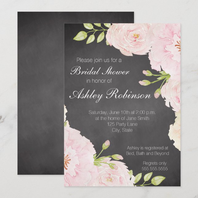 Chalkboard Watercolor-Rose Brautparty Einladung (Vorne/Hinten)