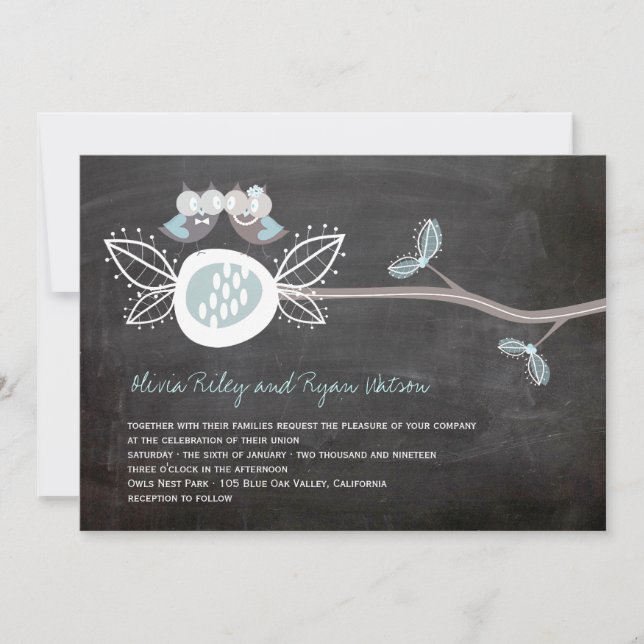 Chalkboard Wedding Owls Woodland Rustikale Einladu Einladung (Vorderseite)