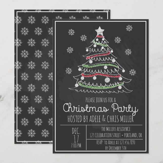 Chalkboard Whimsical Weihnachtsbaum Feiertag Party Einladung (Vorne/Hinten)