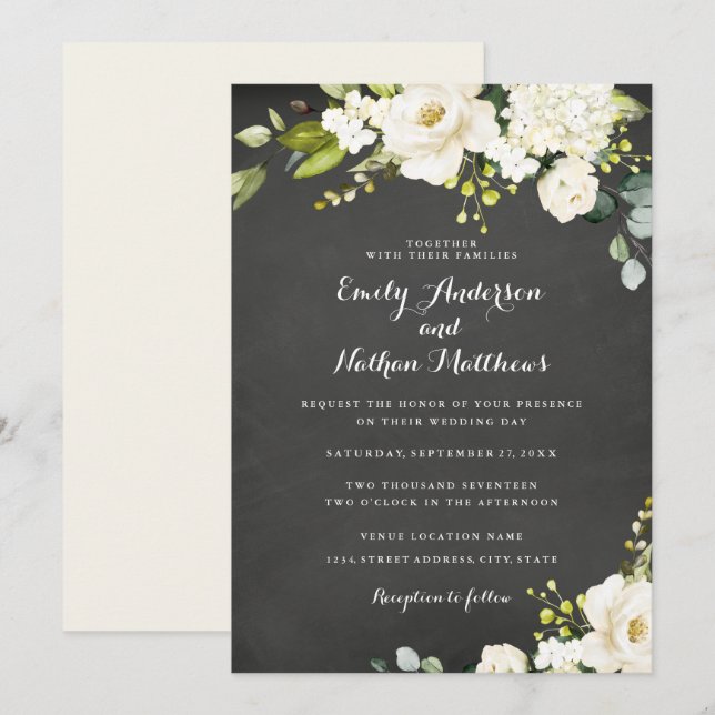 Chalkboard White Champagne Floral Wedding Einladung (Vorne/Hinten)