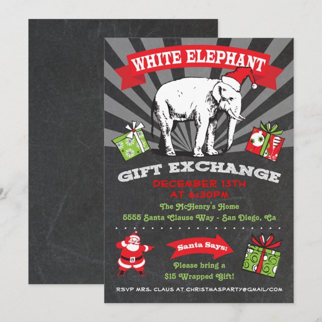 Chalkboard White Elephant Gift Exchange Einladung (Vorne/Hinten)