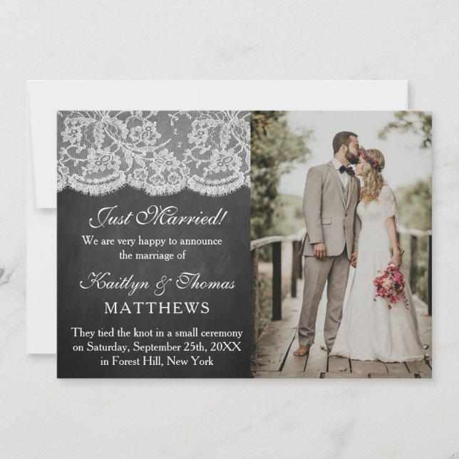 Chalkboard & White Lace Wedding Foto Ankündigung (Vorderseite)