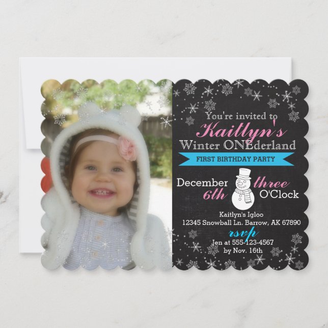 Chalkboard Winter Onederland Einladung, 5" x 7" Einladung (Vorderseite)