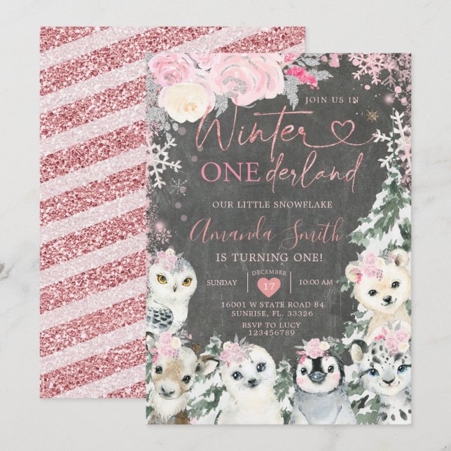 Chalkboard Winter Pink Animal Onederland Geburtsta Einladung (Vorne/Hinten)