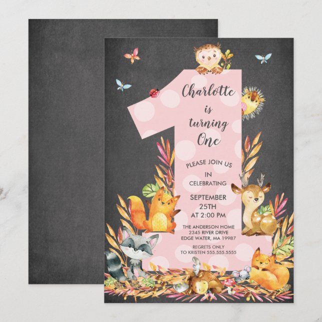 Chalkboard Woodland One Girls Einladung zum Geburt (Vorne/Hinten)