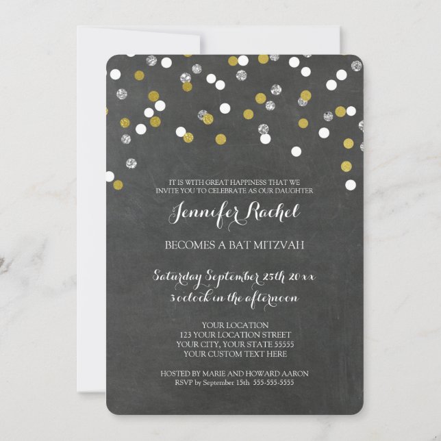 Chalkbord Silver Confetti Bat Mitzvah Einladungen (Rückseite)