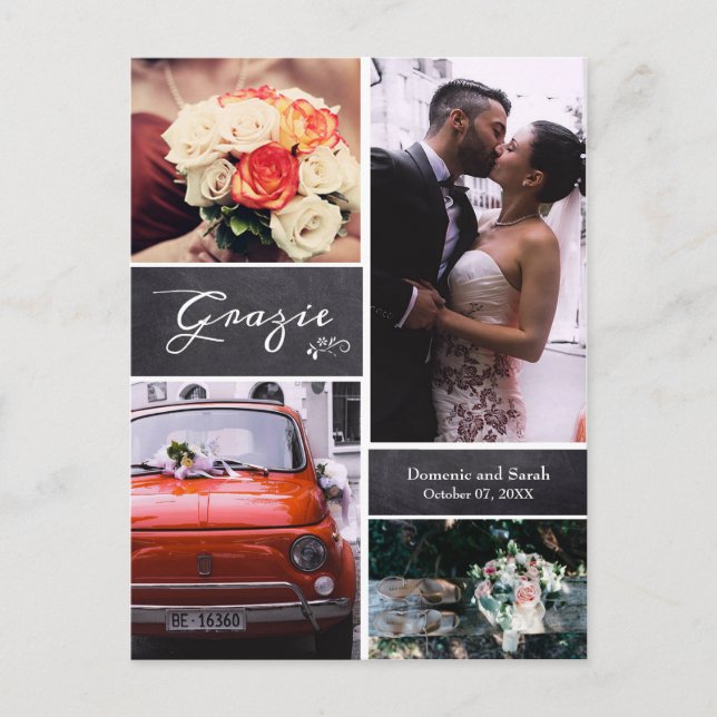 Chalked Foto Collage Rustikale Hochzeit "Grazie" Ankündigungspostkarte (Vorderseite)