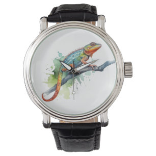 Chamäleon auf einem Zweig Aquarell lebhafte Farben Armbanduhr
