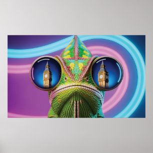 Chamäleon-Auge reflektiert Big Ben in Neonlichtern Poster