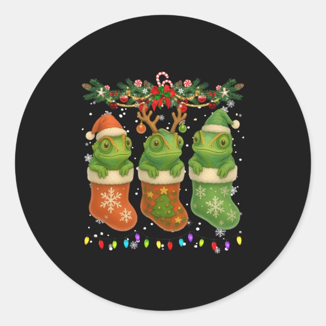 Chameleon In Christmas Socks Lights Chameleon Xmas Runder Aufkleber (Vorderseite)