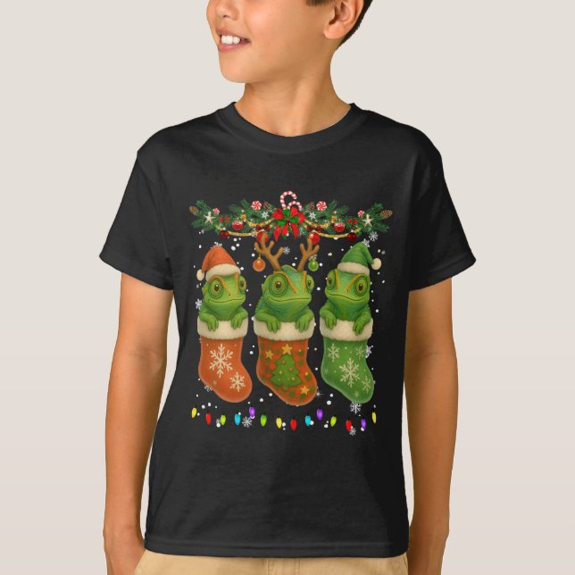 Chameleon In Christmas Socks Lights Chameleon Xmas T-Shirt (Vorderseite)