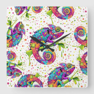 Chameleon Paint Stains Wasserfarbe Stil Quadratische Wanduhr