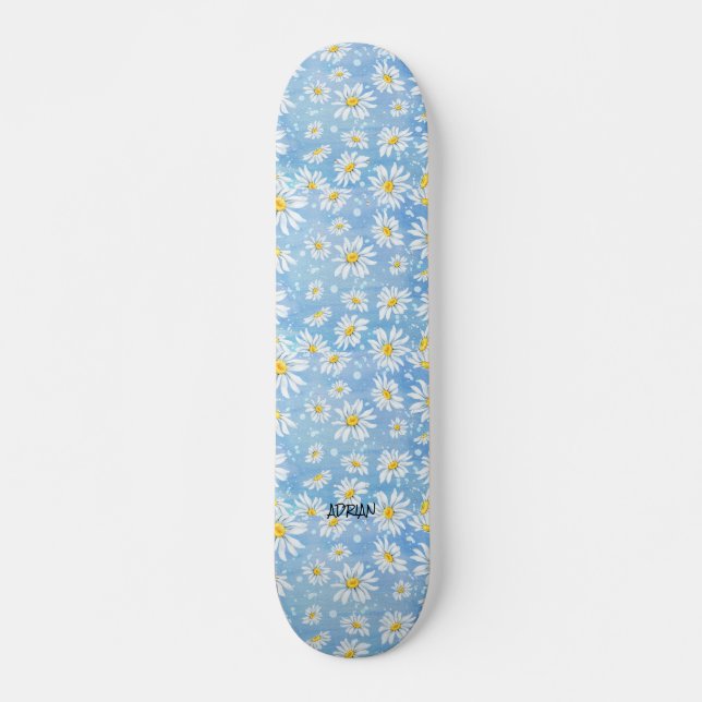Chamomile Blume Blau und Name und Text Skateboard (Vorne)