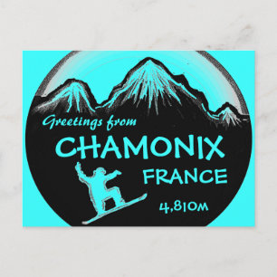 Chamonix France Carte postale turquoise snowboard