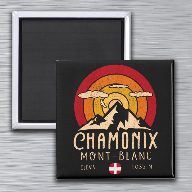 Chamonix France Retro Sunset Skiing Souvenirs 80er Magnet (Von Creator hochgeladen)