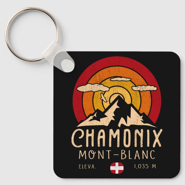 Chamonix France Retro Sunset Skiing Souvenirs 80er Schlüsselanhänger (Vorderseite)
