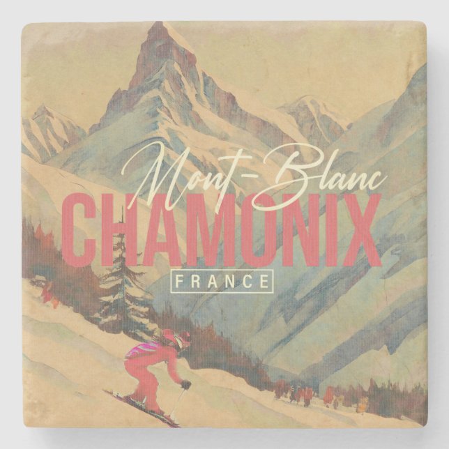 Chamonix France Vintag Mont Blanc Skiing 1950er Steinuntersetzer (Vorderseite)