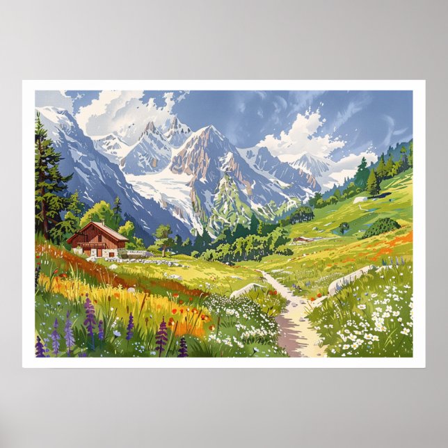 Chamonix, Frankreich Retro Mountain Poster (Vorne)