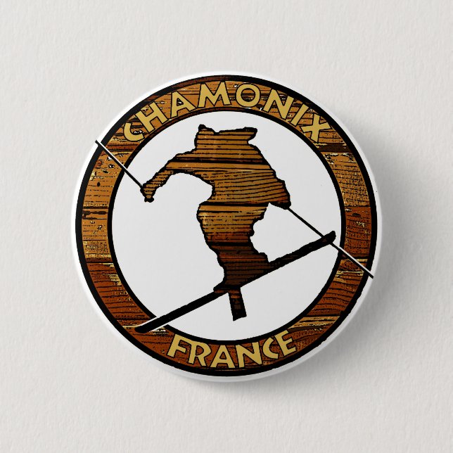 Chamonix Frankreich rustikale Holzskier-Design Button (Vorderseite)